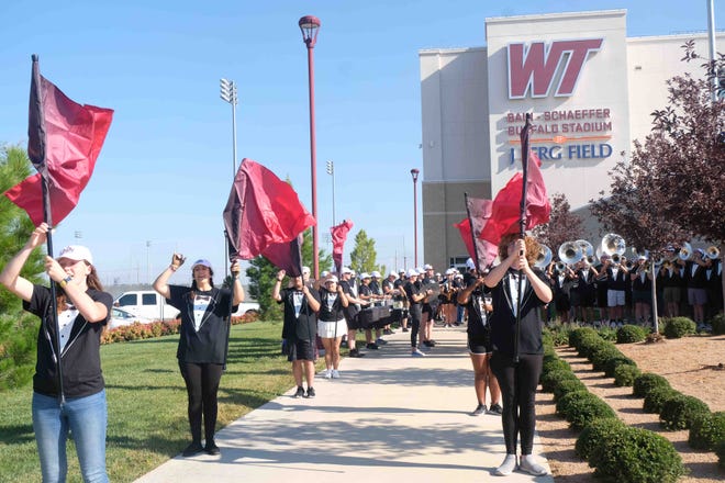 The West Texas A&M University marching band starts the festivities at the renaming ceremony for the Bain-Schaeffer Buffalo Stadium in Canyon in September.