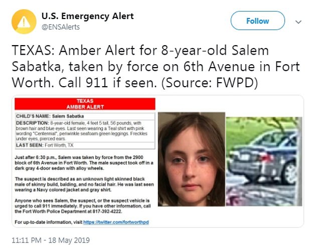 An Amber Alert issued after Salem's abduction described the suspect as a 'light skinned black male of skinny build' and the car as a dark gray four-door sedan with alloy wheels
