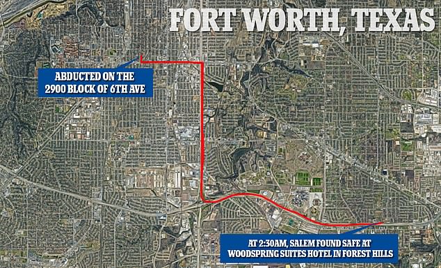 The map above shows the roughly eight miles between where Salem was abducted at approximately 6.38pm Saturday and where she was found hours later in a hotel room