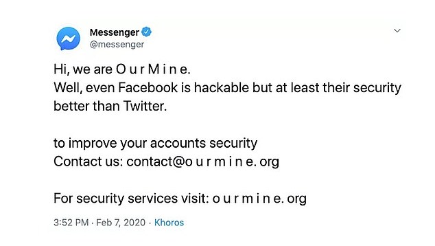 'Hi, we are O u r M i n e,' the hackers wrote in several of the posts on the Twitter and Instagram (pictured) accounts that Facebook and Messenger maintain