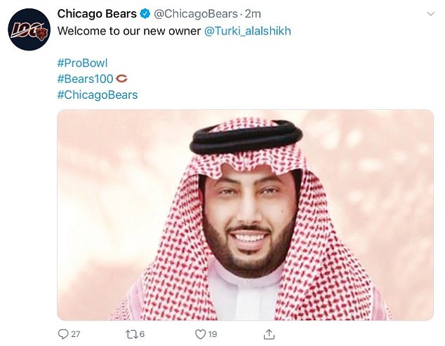 In another, similar hack, OurMine made sports fans do a double take when they hijacked the official Twitter accounts of NFL teams last week. In one post, the Chicago Bears appeared to have celebrated a new owner, Saudi Arabian royal family adviser Turki Al-Sheikh