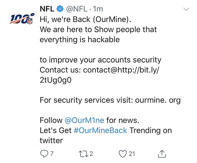 The official Twitter account of the NFL also was hacked