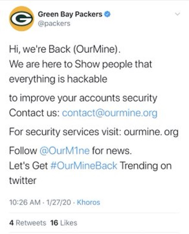 Professing 'we're back',  OurMine last week also hacked into the official Green Bay Packers Twitter account