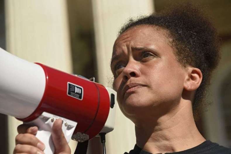 Jamaica Miles, co-founder of All of Us Community Action Group, speaks as people rally in front of Schenectady City Hall calling on Mayor Gary McCarthy to make changes in the Schenectady Police Department on Thursday June 11, 2020 in Schenectady, N.Y. (Lori Van Buren/Times Union)