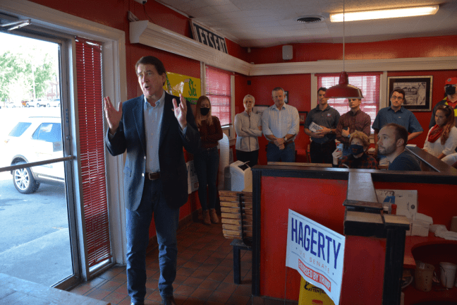 U.S Senatorial Candidate Bill Hagerty addresses patrons at Johnny's Big Burger