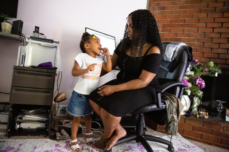 LaTasha Taylor asks her daughter Saniyah, 3, about her&nbsp;upcoming birthday party at their home Friday, June 19, 2020, in Portland, Ore.