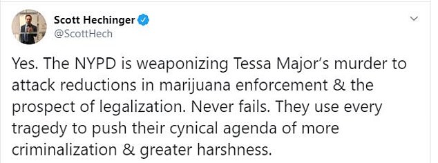 Scott Hechinger, a public defender in Brooklyn, accused Mullins of 'weaponizing' Major's murder to address reductions in marijuana enforcement