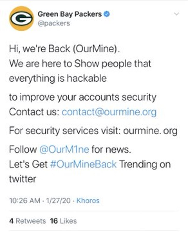 Professing 'we're back', OurMine last week also hacked into the official Green Bay Packers Twitter account