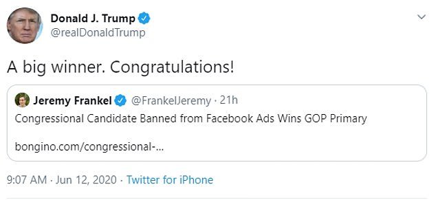 President Trump linked to a blog post on Dan Bongino's website about Green's win, which pointed out a recent campaign ad where she held up a semi-automatic rifle and threatened Antifa was banned from being used on Facebook