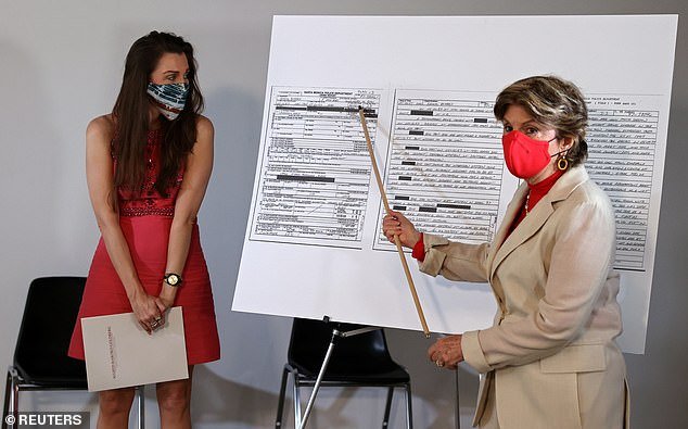 Arden (left) is pictured with lawyer Gloria Allred (right), who is pointing to the police report that Arden filed in 1997, after a meeting she allegedly had with Epstein in Santa Monica