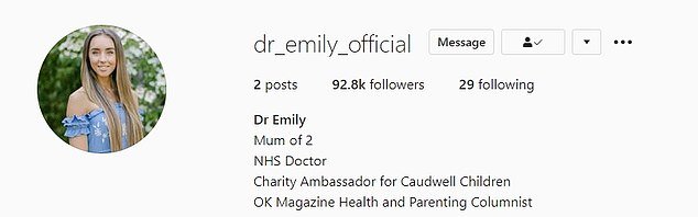 Docor in the house: The wife of Peter Andre wrote in her first post that she wanted to share 'health, medical and parenting chat,' with her followers, whose numbers soon grew to over 92k