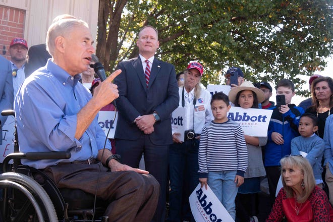 Texas Gov. Greg Abbott addresses the crowd at his "Get out the Vote" rally at Youngblood's Cafe in Amarillo ahead of Election Day.