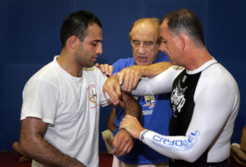 Gene LeBell teaches grappling to students Roman Mitichyan and Dana...