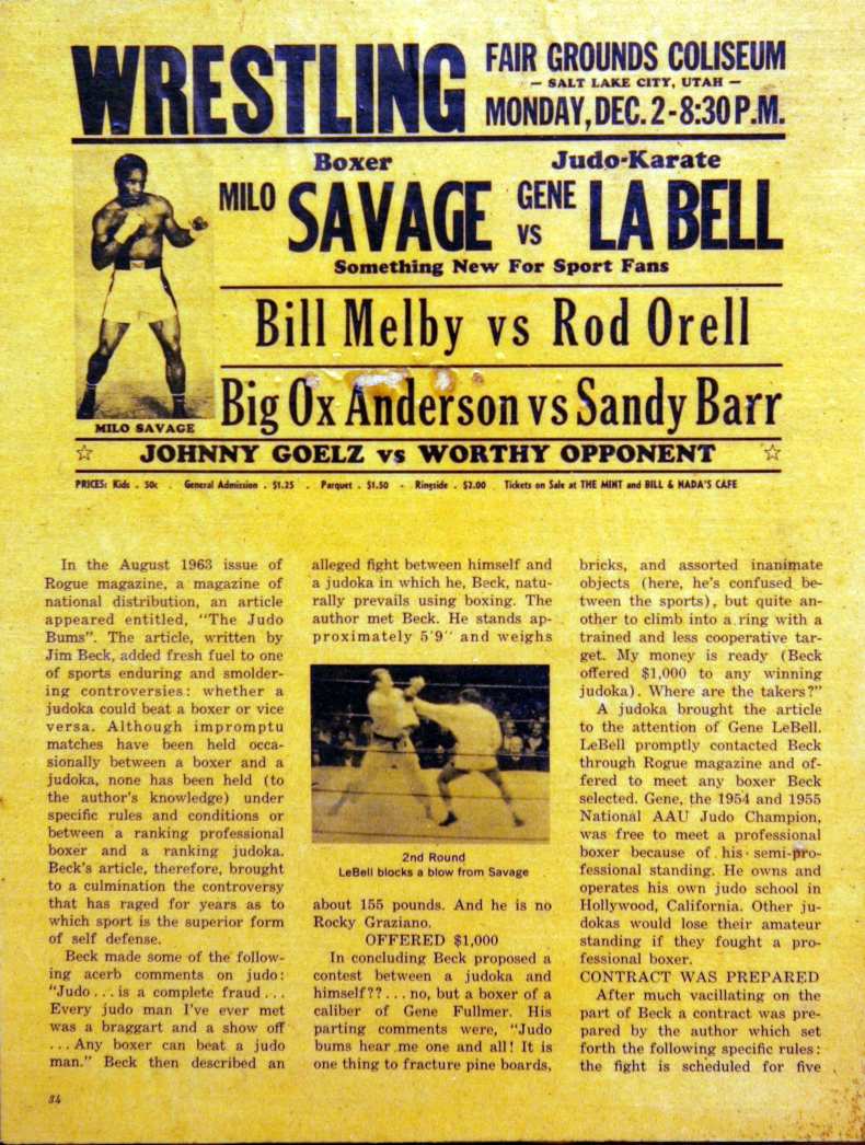 An advertisement featuring Gene LeBell’s fight against boxer Milo Savage....