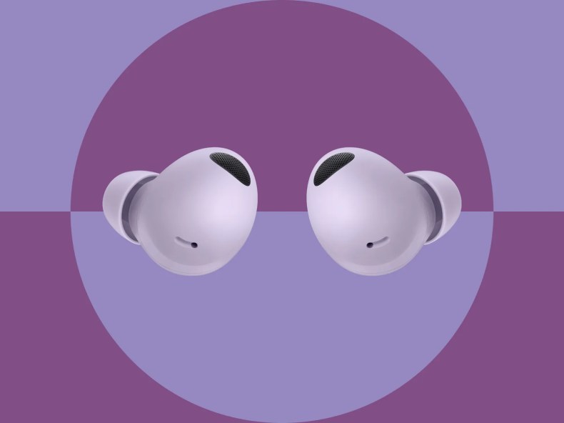 Samsung Galaxy Buds2 Pro on purple geometric backdrop