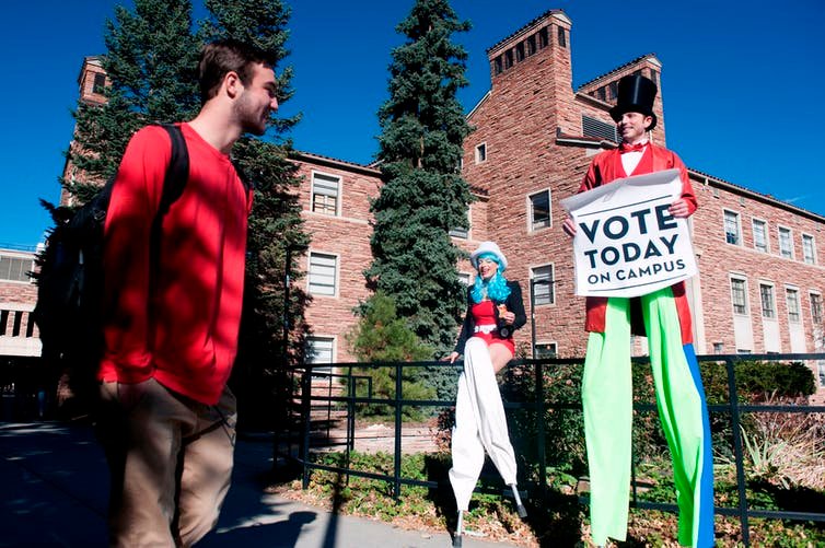 Encouraging students at the University of Colorado, Boulder, to vote in the midterm elections, Nov. 6, 2018.