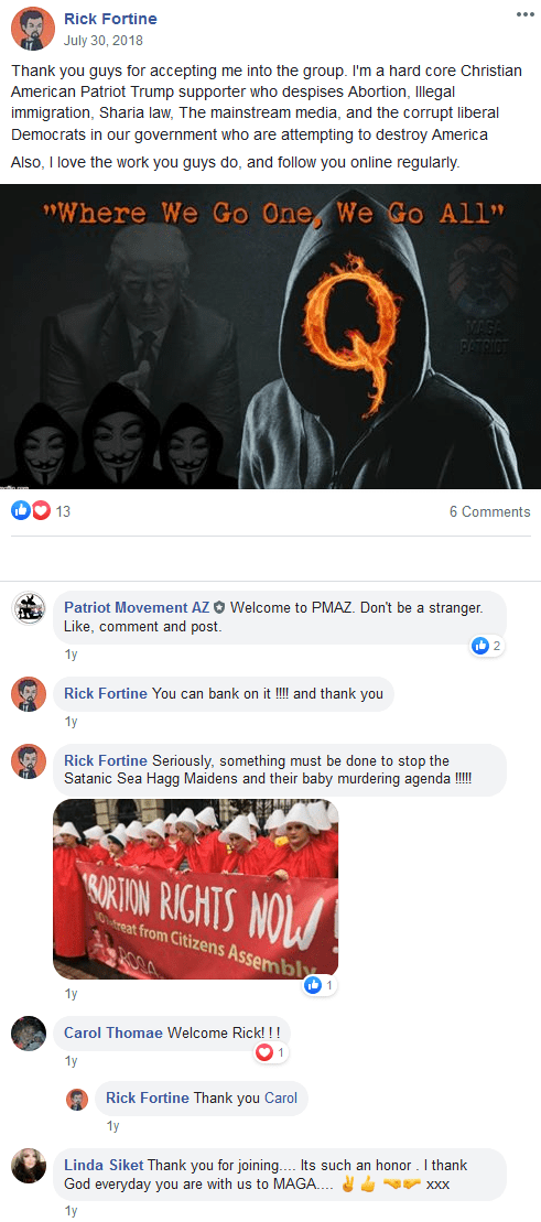 As the Patriot Movement AZ Facebook group grew, people posted memes, articles and comments.