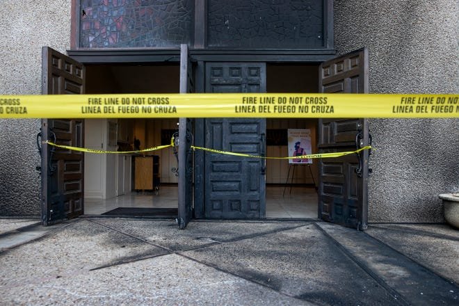 The charred front doors at Congregation Beth Israel on Nov. 1, 2021, after a person started a fire at the Central Austin synagogue. At least 60 incidents against the Jewish community in Texas were reported in 2022, reflecting a trend across the nation of rising antisemitic incidents, according to statistics from the Secure Community Network.