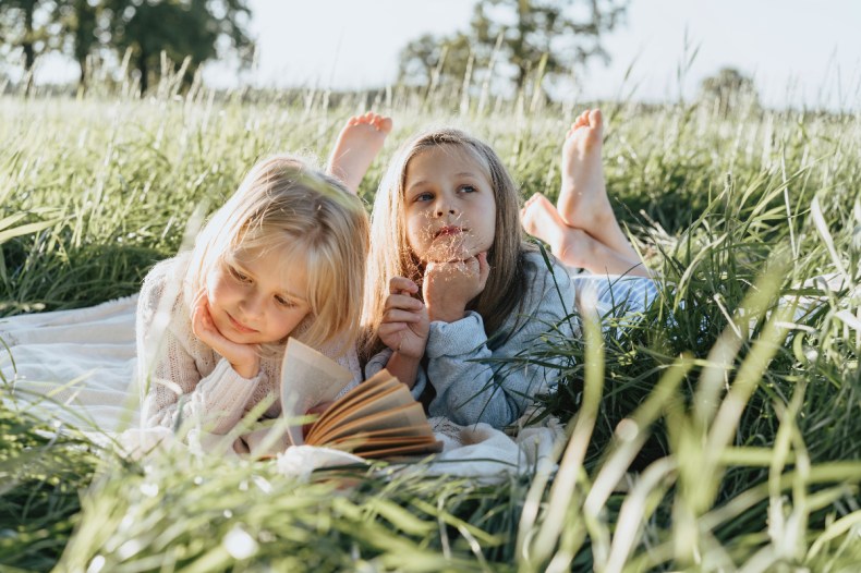 child, children, girls, book, grass