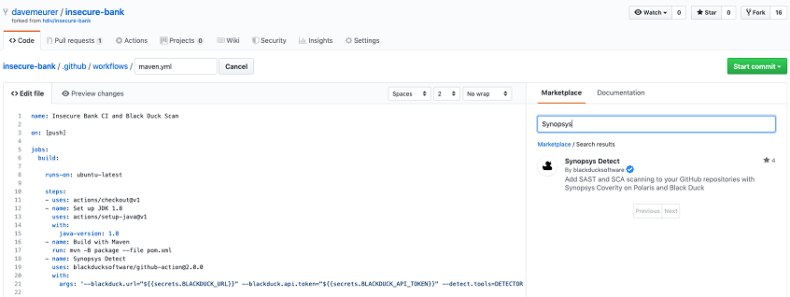 Configure a lightweight scan in Synopsys Detect GitHub Action