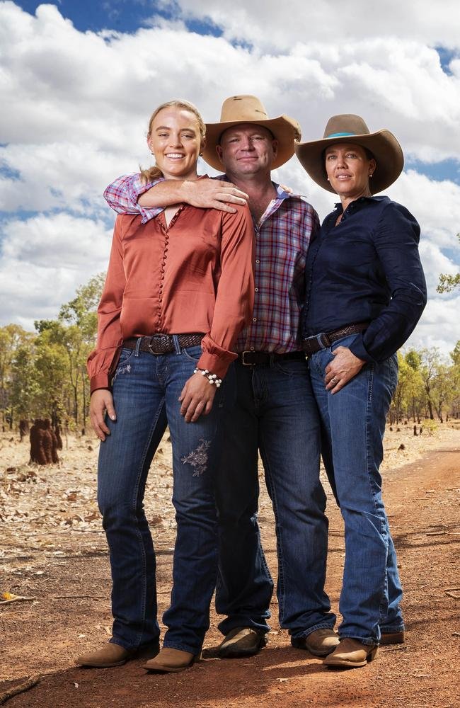 Tick and Kate Everett with their eldest daughter Meg at home. Picture: Lachie Millard